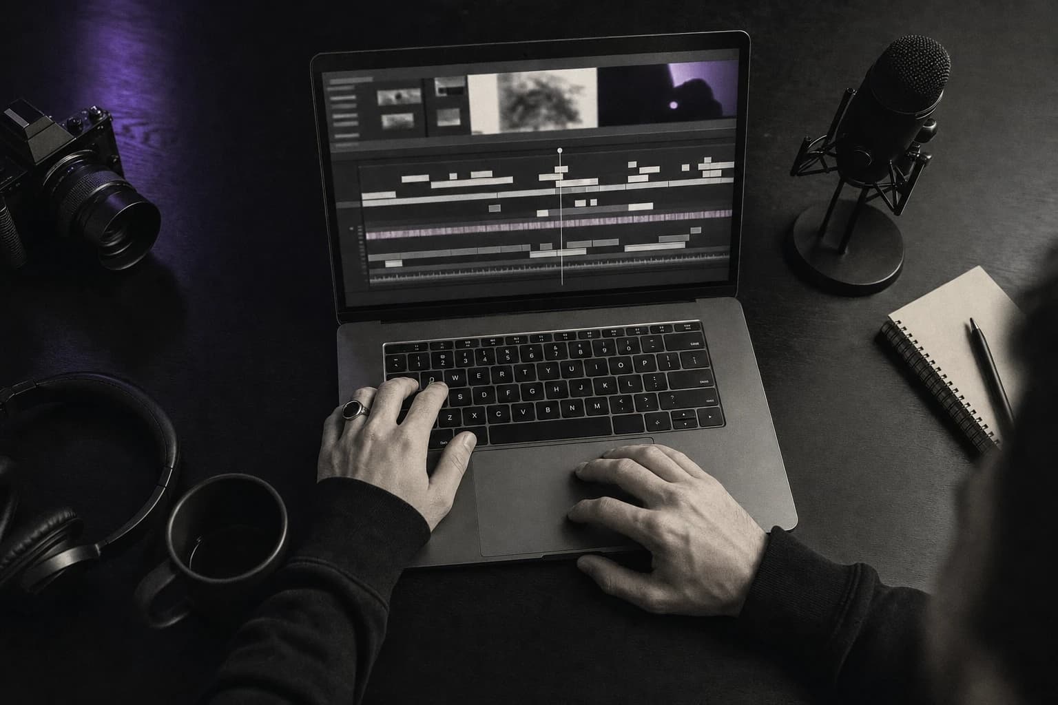 Creator reviewing a video edit in a dark studio